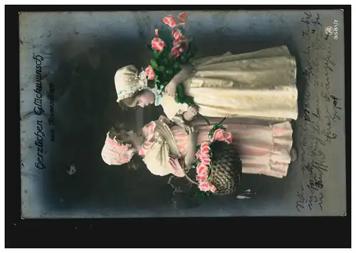 Foto-Ansichtskarte Namenstag Mädchen mit Rosen, coloriert, BRILON 16.1.1914