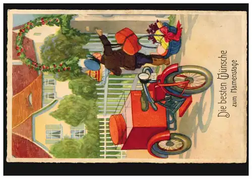 Ansichtskarte Namenstag Briefträger mit rotem Dreirad, PRIESHEIM-LECHENICH 1937