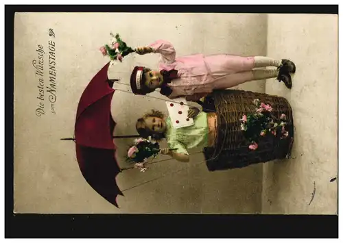 Ansichtskarte Namenstag Selbstgebauter Ballon mit Regenschirm, MÜNCHEN 1913
