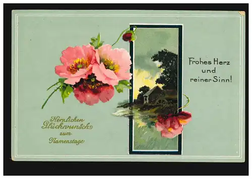 Ansichtskarte Namenstag Wassermühle und Blumen, gelaufen  