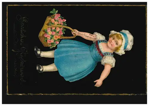Ansichtskarte Namenstag Mädchen im blauen Kleid Rosenkorb, NÜRNBERG 4.9.1925