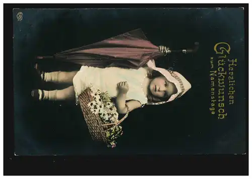 Ansichtskarte Namenstag Mädchen mit Haube Regenschirm Blumenkorb, MERING 1908