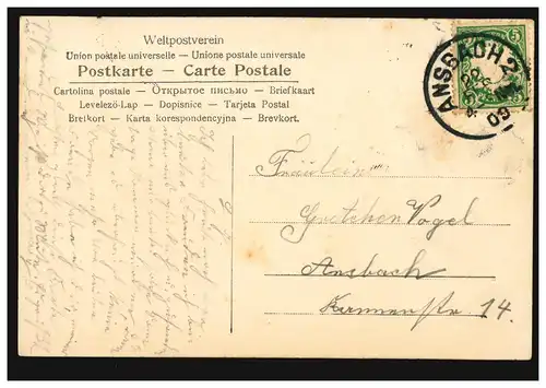 Carte de vue Jour du nom Garçon en costume vert Harke brouette, ANSBACH 22.2.09