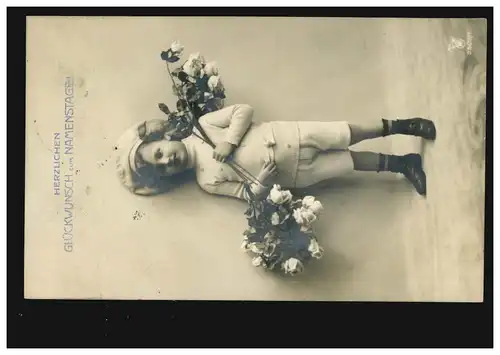 Carte de photos de la fête de nom d'enfant en vêtements blancs avec des roses, RengSDORF 6.9.10