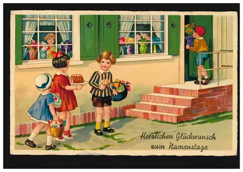 Ansichtskarte Namenstag Kinder bringen Geschenke Kuchen Blumen, WIEN 19.3.1937