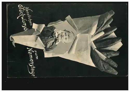 Foto-Ansichtskarte Namenstag Junge in übergroßer Rauchertüte, MÜNCHEN 28.6.1905