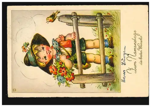 Ansichtskarte Namenstag Junge mit Hut Blumen Vogel, gelaufen 1941
