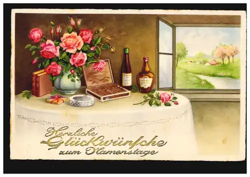 Ansichtskarte Namenstag Geburtstagstisch Zigarren Wein Bücher, AUGSBURG 1938