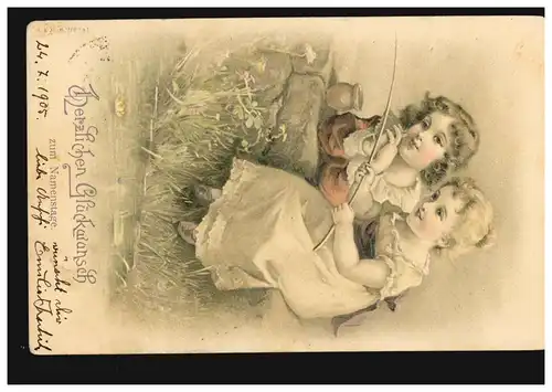 Ansichtskarte Namenstag Kinder beim Angeln, WIEN 25.7.1905
