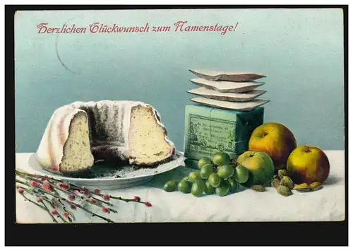 Ansichtskarte Namenstag Stillleben mit Kuchen und Obst, HUTTROP 26.5.1906