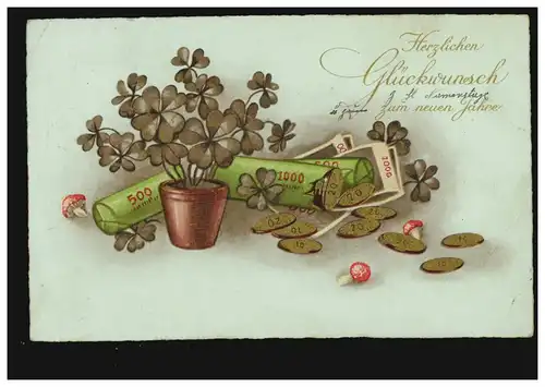 Ansichtskarte Namenstag Geld Glückstaler Glücksklee, NIEDERSONTHOFEN 27.12.1933 