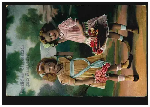 Carte de photos de la fête de nom de fille avec des roses carte cadeau, couru vers 1920