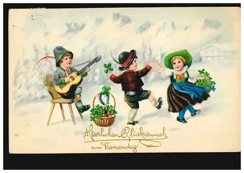 Ansichtskarte Namenstag Kinder in Tracht mit Gitarre beim Tanzen GRAZ 24.12.1924