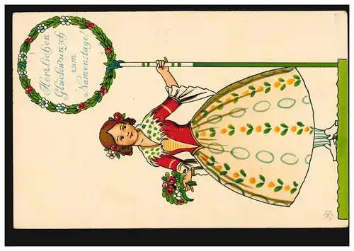 Ansichtskarte Namenstag Mädchen mit Stab und Ring, Blumen, MÜNCHEN 1908
