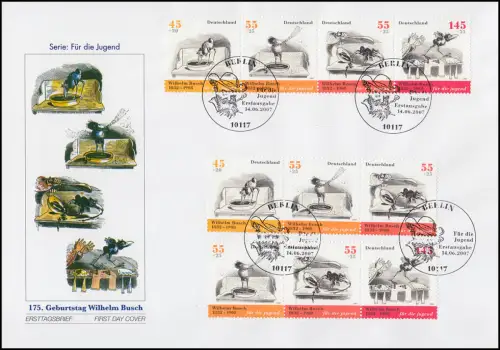 2606-2609 Bl.71 Wilhelm Busch - Zusammendruck-Set mit 6 ZD + 4 Ezm auf 2 FDC