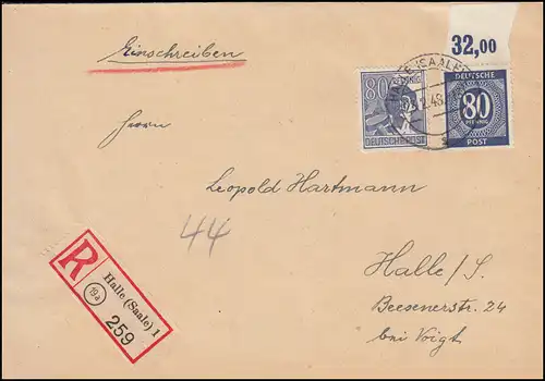 935P OR ndgz Ziffer mit 957 Arbeiter 80 Pf Orts-R-Brief HALLE/SAALE 23.2.1948