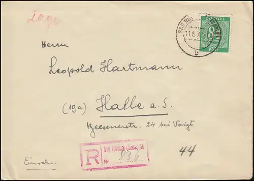 936 Ziffer 84 Pf. als EF auf R-Brief Not-R-Stempel BAD NEUSTADT (SAALE) 11.6.47