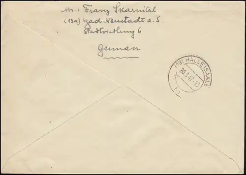 936 Ziffer 84 Pf. als EF auf R-Brief Not-R-Stempel BAD NEUSTADT (SAALE) 11.6.47