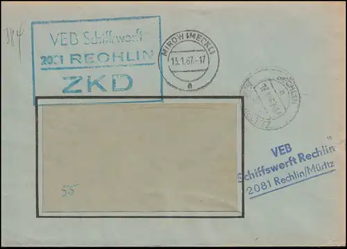 ZKD-Brief VEB Schiffswerft RECHLIN 13.1.67 über MIROW 13.1. nach BERLIN 16.1.67