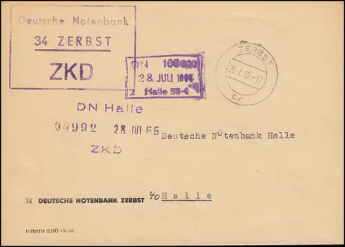 Lettre de la ZKD Deutsche Notebank ZERBST 26.7.1966 à la DN à HALLE/SAALE 27.7.66