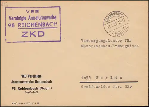 Lettre de ZKD United Armenwerke REICHENBACH /VOGTL. 16.1.1967 vers Berlin