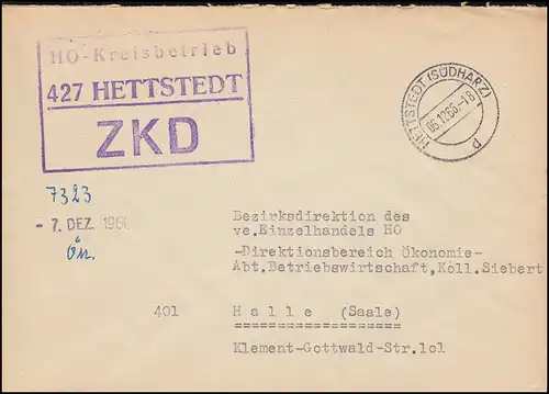 Lettre de ZKD HO-Kreisgesellschaft HETTSTEDT / SÜDHARZ 6.12.1966 vers HALLE / SAALE 6/12/