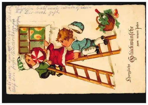 Ansichtskarte Neujahr Neugierige Kinder auf der Leiter, SOLINGEN 1.1.1929 
