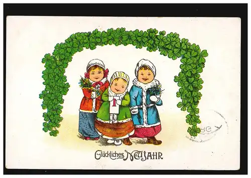 Ansichtskarte Neujahr Kinder mit Nummer 1 Beeren Glücksklee, IBURG 31.12.1911