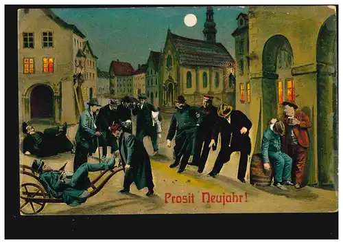 Ansichtskarte Neujahr Betrunkene zwischen Silvester und Neujahr EMDEN 31.12.1908