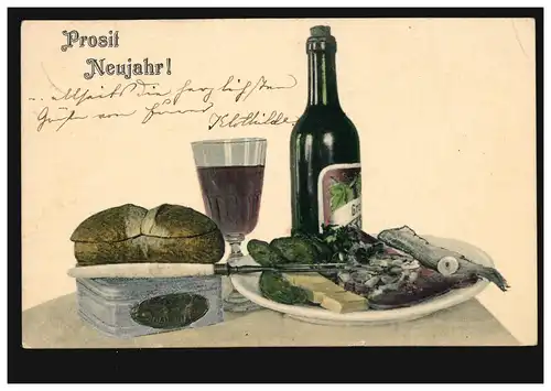 Ansichtskarte Neujahr Katerfrühstück Hering Brot Wein, nach MÜNCHEBERG 1905