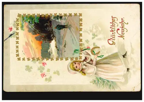 Ansichtskarte Neujahr Jäger auf der Pirsch / Hufeisen, Zensur P.K. Gronau 1915