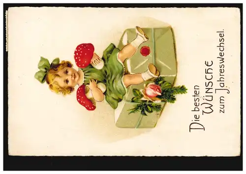 Carte de vue Nouvel An Fille avec champignons à mouches et cadeau, LÖHNE 31.12.1936