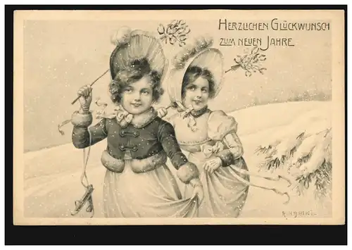 Ansichtskarte Neujahr Zwei Mädchen mit Schlittschuhen, MÜNCHEN 31.12.1907