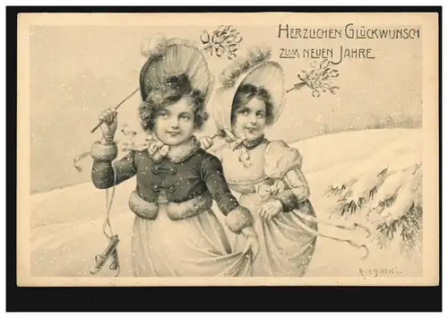 Carte de l'image Nouvel An Deux filles avec patins à glace, MUNICH 31.12.1907