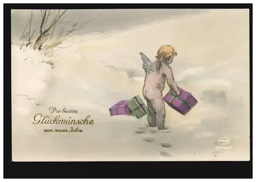 Carte de l'Anniversaire Ange avec des cadeaux dans la neige, ZÜRICH 31.12.1926