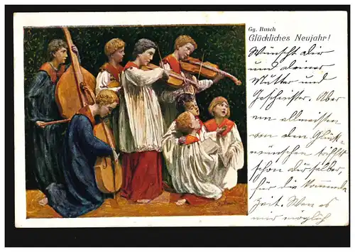 Ansichtskarte Neujahr Kirchenmusik Musikkapelle Geigen Cello Kontrabass, 1913