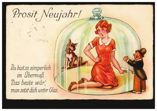 Carte de l'image Nouvel An Femme sous la cloche du fromage avec proverbe, LIENEN 31.12.1935