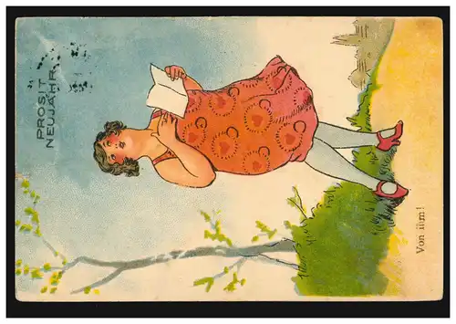 Ansichtskarte Neujahr Frau im Glücksrausch: Liebesbrief von ihm! BERLIN um 1934