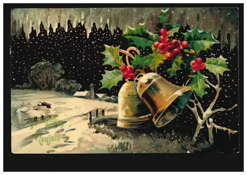 Ansichtskarte Neujahr Winterlandschaft Glocken Beeren, ABBEHAUSEN 31.12.1909