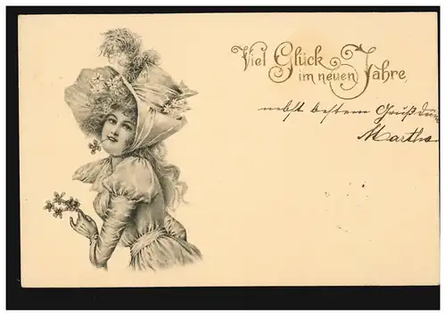 Ansichtskarte Neujahr Frau mit Glücksklee im Mund, DÜREN (RHEINLAND) 31.12.1902