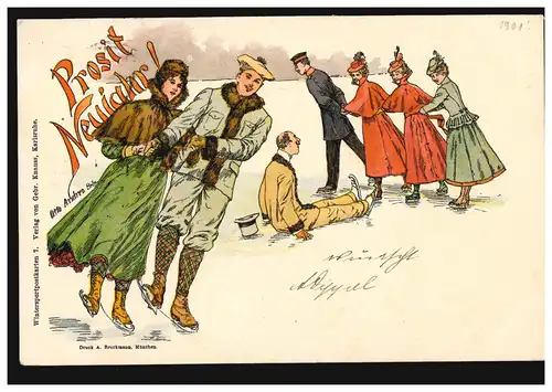 Ansichtskarte Neujahr Otto Andres Schlittschuhlaufen Der Stürzende, HAMBURG 1901
