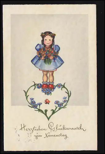 Ansichtskarte Namenstag Mädchen mit Blumen auf Herz stehend, MÜNCHEN 9.9.1937