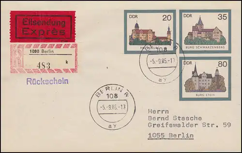 U 2 Burgen als Eil-R-FDC 1080 BERLIN ay 5.9.85 nach 1055 BERLIN o 6.9.85 