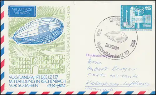 Privatpostkarte PP 16/27a Vogtlandfahrt Zeppelin LZ 127, SSt REICHENBACH 28.9.89