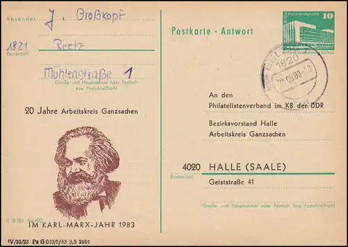 Postkarte P 85A Zudruck: AK Ganzsachen Karl-MarxJahr 1983, BERLIN 20.5.1983