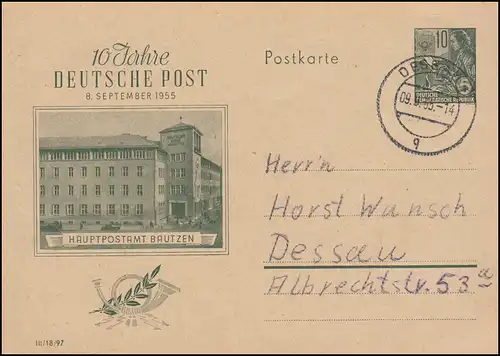 Carte postale P 66 Deutsche Post Hauptpostamt Bautzen, DESSAU 9.9.1955