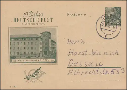 Postkarte P 66 Deutsche Post Hauptpostamt Bautzen, DESSAU 9.9.1955