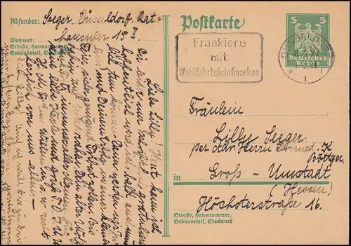 P 165I Adler 5 Pf. mit Leitvermerk Werbe-O Wofa-Marken DÜSSELDORF 8.3.1927 