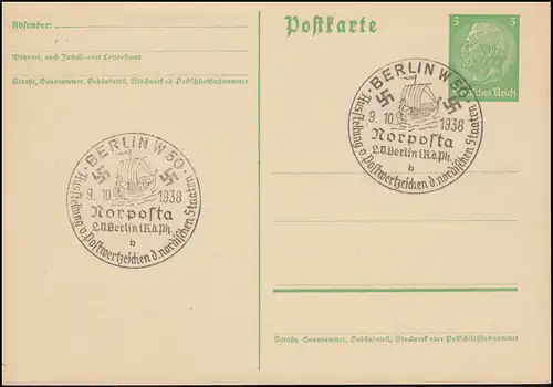 SSt BERLIN Norposta Ausstellung nordischer Staaten 9.10.38 auf Postkarte P 225I