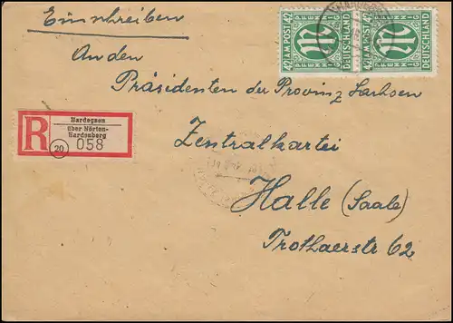 31 AM-Post MeF auf R-Brief Hardegsen über Nörten-Hardenberg HARDENBERG 8.6.1946